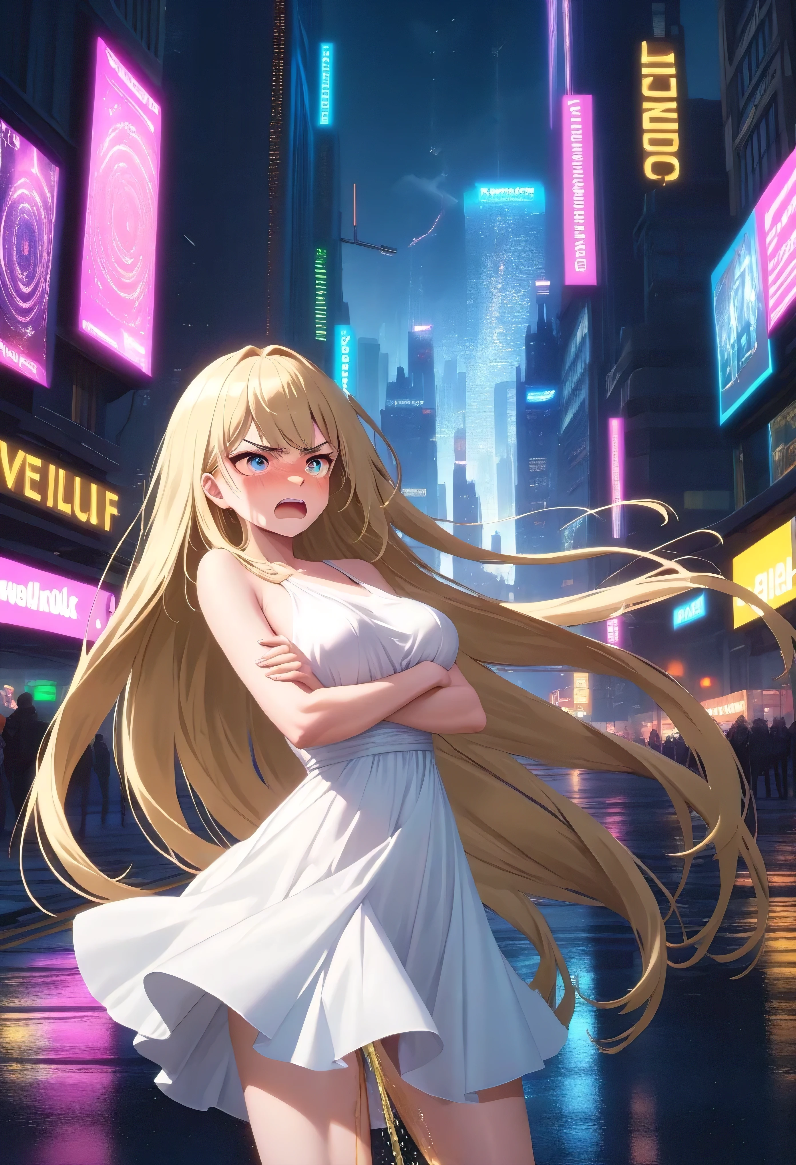 (high quality,Very detailed:1.37, High resolution), Woman, (very long hair:1.5), blonde hair, (multicolored eyes:1.5), blue eyes, yellow eyes, large breasts, (wetting herself:1.5), standing, (long tight dress:1.5), (arms crossed:1.5), (white dress:1.5), (embarrassed:1.5), (humiliation:1.5), (angry:1.25), (blushing:1.5), open mouth, Cyberpunk Style, Cyberpunk Cityscape, Neon Light, High-tech accessories, Meticulous details, (extremely detailed eys:1.37), Glowing LED pattern, Urban scenery, Futuristic elements, Mysterious Aura, ,Flying cars racing through the air, Holographic Advertising, Visually stunning architecture, Energetic and dynamic poses, Gives off a powerful aura, The cityscape reflected in her metallic eyes, Graceful movement amidst chaos, A moonlit sky with a futuristic hue, Pulsating Electronic Soundtrack, Enhanced Augmented Reality Overlays, Interacting with virtual objects in the environment