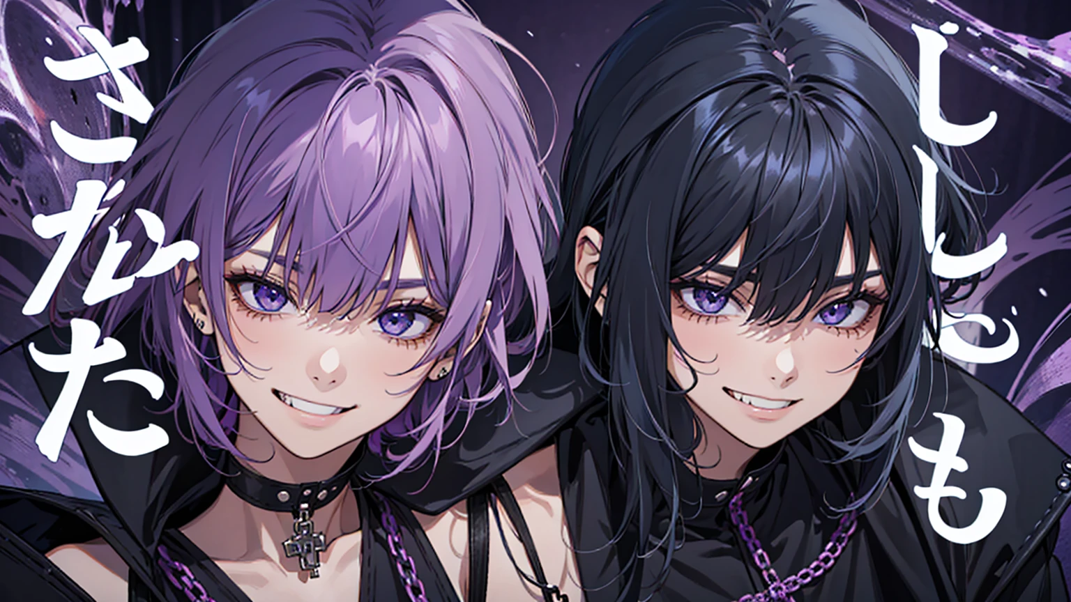 anime character dressed in black with chain around his neck, turtle neck, shadow mage female, female fantasy alchemist, single character bust up, rpg portrait, noble female, anime illustration, dark witch character, rpg, black hair purple gradien, yellow eyes color, rosario ear, wolf cut hair,, female, wolfcut hair, bigboobs 