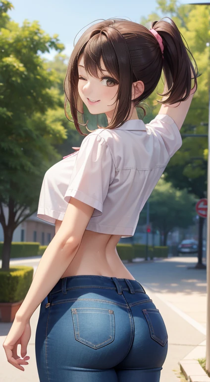 skinny jeans,white shirt,crop top navel,curvy,natural makeup,looking back,brown eyes,ponytail,brown hair,outdoors,smile,one eye closed,arms behind head,pink bra,pink pantie