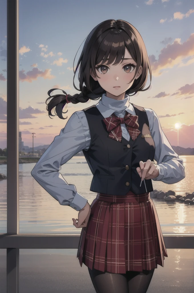 (masterpiece, best quality:1.2), ***ung girl, solo, looking at viewer,   sexnote, makodefault, niijimamakoto, long hair,bangs, mini skirt, brown hair, honey eyes, long sleeves, school uniform, braid, pantyhose, plaid, black pantyhose, plaid skirt, turtleneck, crown braid,  high school uniform, vest, lollypop candy