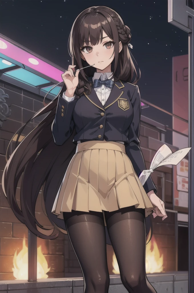 (masterpiece, best quality:1.2), ***ung girl, solo, looking at viewer,   sexnote, makodefault, niijimamakoto, long hair,bangs, mini skirt, brown hair, honey eyes, long sleeves, school uniform, braid, pantyhose, plaid, black pantyhose, plaid skirt, turtleneck, crown braid,  high school uniform, vest, lollypop candy