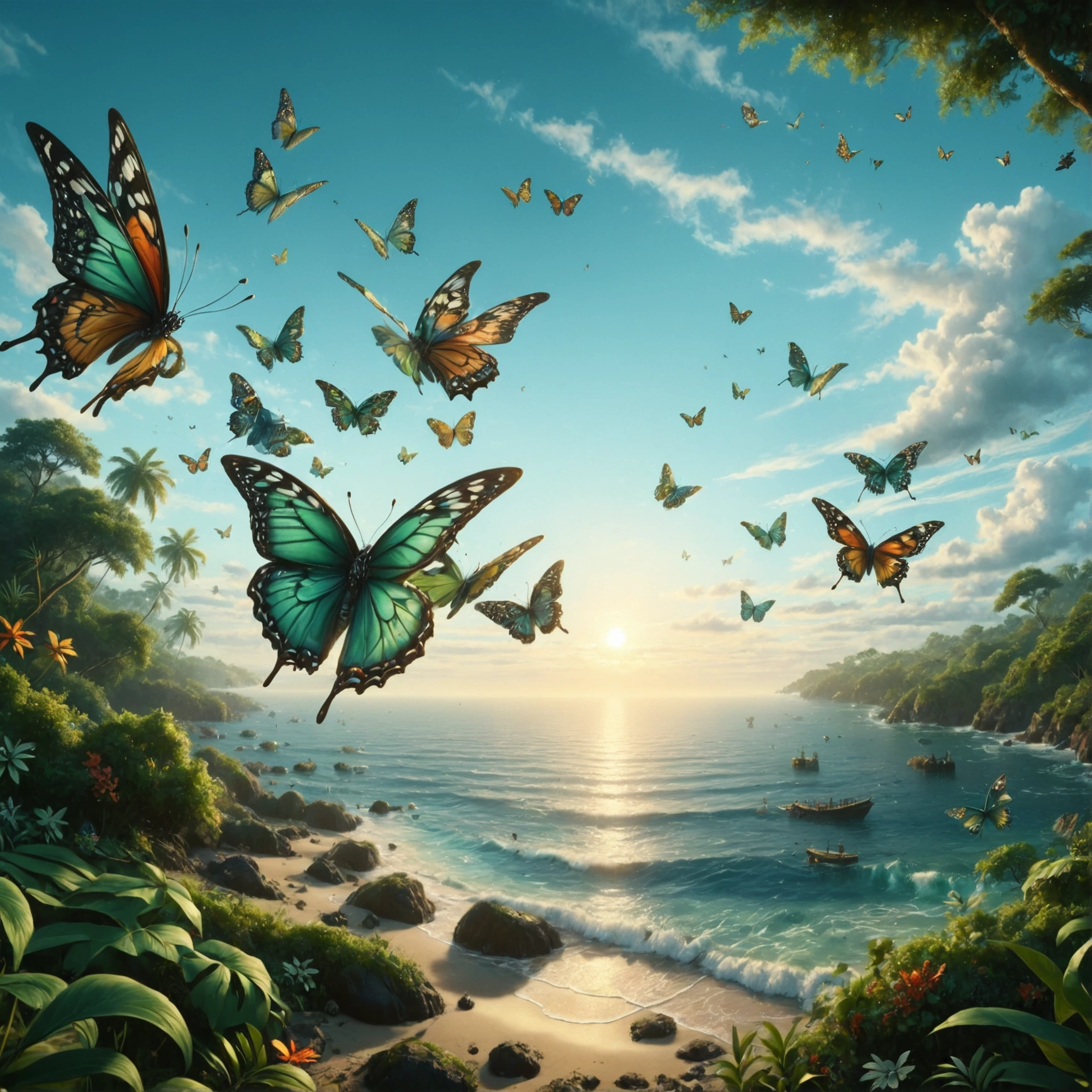 [Realistic photo landscape, butterfly view], [1960s style, psychedelic, retro, vintage], [flock of fluttering butterflies, flock of butterflies filling the sky, countless butterflies crossing the sea], [psychedelic butterfly, wings with psychedelic colors and patterns, delicately drawn butterfly wings], [sky above jungle, tropical, dark green], [ocean, horizon], [sunset, summer, 1960s], [realistic, photo, ultra-realistic, 4K, precise, ultra-detailed, realistic lighting, three-dimensional lighting, realistic shadows, masterpiece, beautiful work of art, ultra-fine digital painting, digital art]