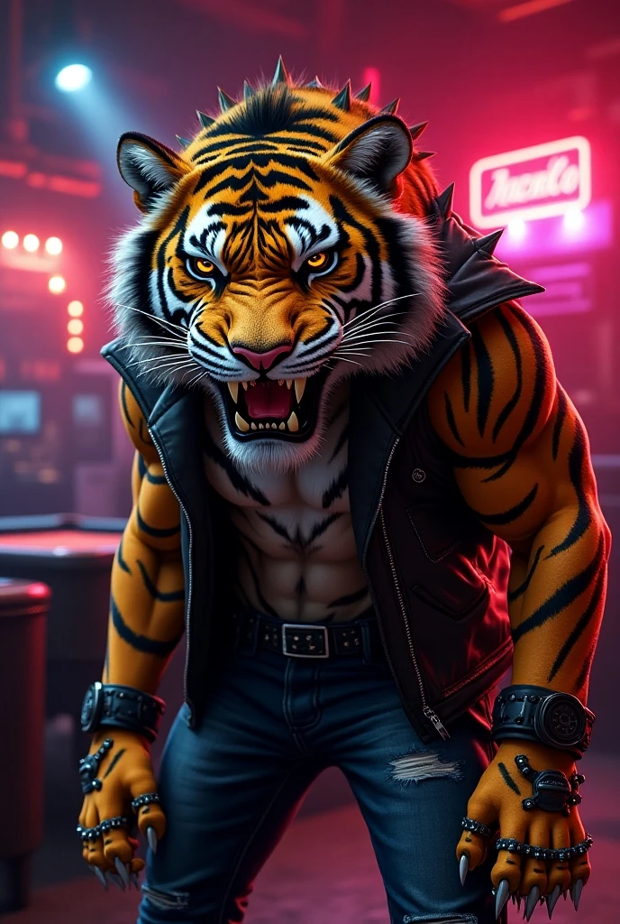 Outfits, (ultradadetailed), (Animal anthropomorphism), gang theme, jacket, red hair. Riding a motorcycle in dim lights, tattoos, machine guns, smoke, shadows, corrupt cityscapes, top quality, single-player focus, (thin and light: 1.04), muscle man, full body, complex (high detail: 1.1)