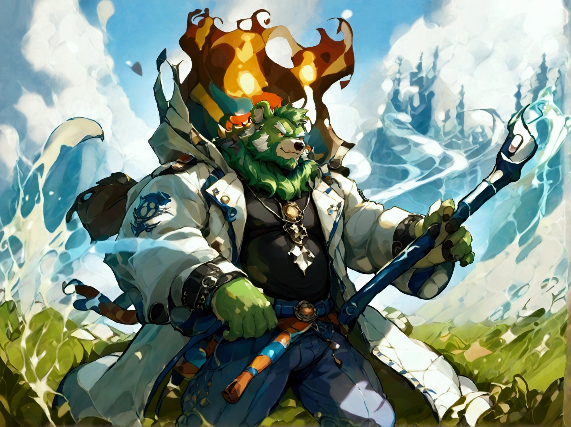 best quality, masterpiece, highres, detailed, jinpei, anthro, kemono, male, solo, ((mature)), (((green bear))), (((green fur))), (((green hair))), (((beard))), white eyebrows, red eyes, glasses, (black t-shirt inside), (((white long coat))), hoodie, gray trousers, military boots, big, furry, muscular male, use a magic staff and make a magic barrier to protect himself from attack, in the grassland, fight sceneby zixiong, by nullghost, splash art, gacha splash art, 