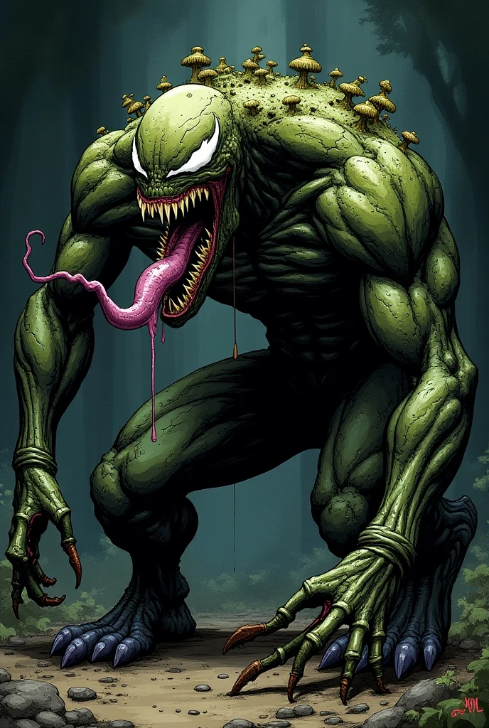 (8k, RAW photo, best quality, masterpiece: 1.2), ultra detailed, official art, photo-realistic: 1.37, upper body shot, green goblin being dominated by venom, venom symbionet, action pose --auto --s2