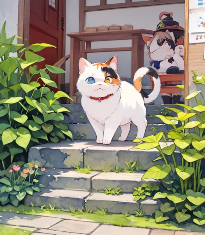 (masterpiece),(Best Quality),(  very detailed),(  high resolution down ),((Line art)),((watercolor)),16k, wallpaper,三毛猫の  very detailedな絵、 crazy details  、  very detailed猫、  My house where calico cats roam  、 Calico Munchkins relaxing on stone steps、Old townscape of Japan、Plants walking along the promenade  、 sunlight filtering through the trees，Another World、The creation of silence、Long Hit、The target is small、