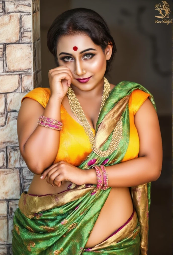 The photograph captures a woman in a traditional Indian outfit, leaning back against what appears to be an outdoor setting, possibly a courtyard or a traditional Indian structure, with stone walls and a wooden pillar in the background. The woman is of South Asian descent, with a fair skin tone and a voluptuous figure, particularly emphasized by her large breasts, which are prominently displayed in a bright yellow blouse with a plunging neckline. 

She is wearing a green saree with floral patterns and yellow borders, draped over her right shoulder. Her saree's pallu (the loose end of the saree) has intricate embroidery and a gold trim, hanging loosely. She has adorned herself with gold jewelry, including a nose ring, bangles, and a necklace. Her long, dark hair is styled in a single braid, draped over her shoulder. 

She wears vibrant red lipstick, and her eyes are closed, with a serene, relaxed expression, suggesting she is lost in thought or perhaps posing for the camera. Her left hand touches her forehead gently. The background shows a mix of stone and wood, suggesting an outdoor setting, possibly in a rural or traditional Indian environment. The overall color palette is vibrant, dominated by greens, yellows, and reds, evoking a festive, cultural atmosphere.