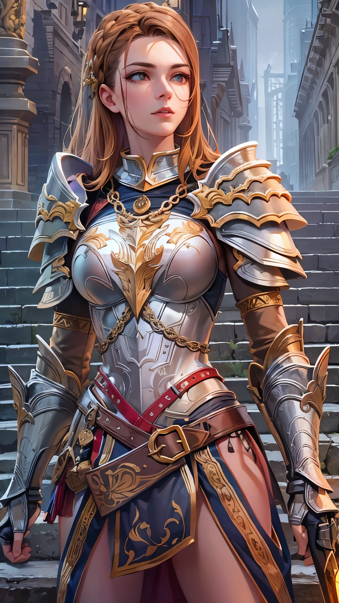 A female character looks up proudly, wearing the ancient bonus equipment, very proud, the background is very damaged battlefield, very broad and exquisite. Heavy armor, handsome posture, and battle-damaged armor, no leakage point, chest and lower body wrapped intact, Beautiful girl in detailed golden medieval armour, beautiful. Red silk tabard, pelvic flap, fishnet stockings, frills and ribbons incorporated into the armour