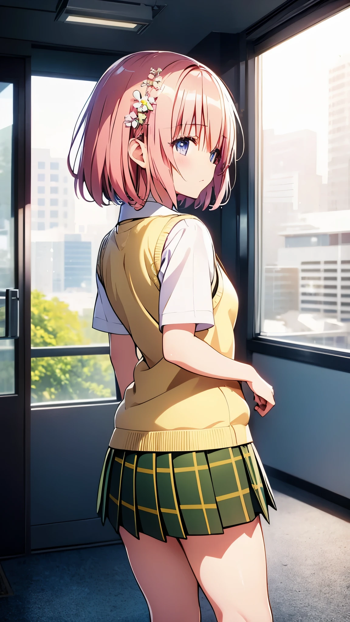 アニメの女の子が school uniformを着て夜の通りを歩いている 1人の少女, Running on the road ,full body, looking back,  from behind ,From below, cute ,  Pink Hair,  short hair,  shiny hair , Flower Hair Ornaments, Pale green eyes, ,  small breasts ,  school uniform , blazers ,( Panty shot:1.1), (floating skirt :1.1), ( white panties) ,Strong light ,(((masterpiece))), (((Best Quality))), ((Super detailed)), (Illustration), (( very delicate and beautiful)),nsfw