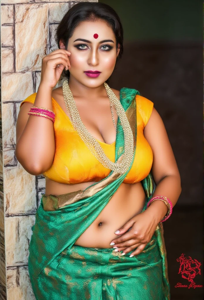 The photograph captures a woman in a traditional Indian outfit, leaning back against what appears to be an outdoor setting, possibly a courtyard or a traditional Indian structure, with stone walls and a wooden pillar in the background. The woman is of South Asian descent, with a fair skin tone and a voluptuous figure, particularly emphasized by her large breasts, which are prominently displayed in a bright yellow blouse with a plunging neckline. 

She is wearing a green saree with floral patterns and yellow borders, draped over her right shoulder. Her saree's pallu (the loose end of the saree) has intricate embroidery and a gold trim, hanging loosely. She has adorned herself with gold jewelry, including a nose ring, bangles, and a necklace. Her long, dark hair is styled in a single braid, draped over her shoulder. 

She wears vibrant red lipstick, and her eyes are closed, with a serene, relaxed expression, suggesting she is lost in thought or perhaps posing for the camera. Her left hand touches her forehead gently. The background shows a mix of stone and wood, suggesting an outdoor setting, possibly in a rural or traditional Indian environment. The overall color palette is vibrant, dominated by greens, yellows, and reds, evoking a festive, cultural atmosphere.