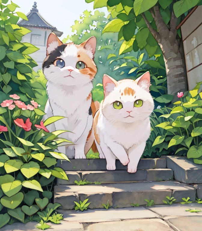 (masterpiece),(Best Quality),(  very detailed),(  high resolution down ),((Line art)),((watercolor)),16k, wallpaper,三毛猫の  very detailedな絵、 crazy details  、  very detailed猫、  My house where calico cats roam  、 Calico Munchkins relaxing on stone steps、Old townscape of Japan、Plants walking along the promenade  、 sunlight filtering through the trees，Another World、The creation of silence、Long Hit、The target is small、