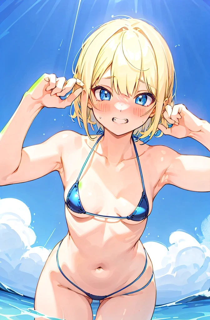  1 girl,  Blushing ,  blonde short cut ,  blue eyes,  show your teeth and laugh , dark blue metallic micro bikini,Too much exposure,