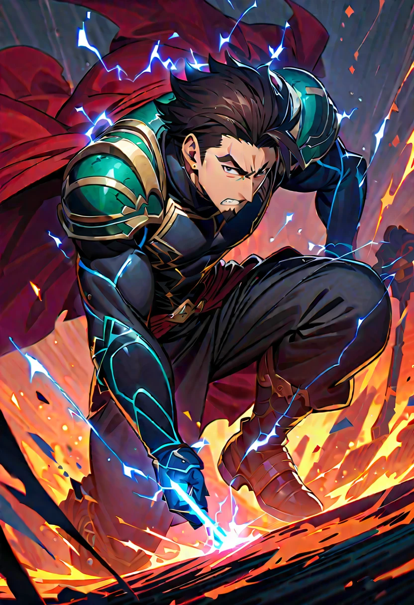 (( masterpiece )), (( best quality)), ( ultra detailed ), Extremely detailed 8k CG Unity background image, Official artwork, Accurately described shapes, Detailed hands, expressive eyes, 1 male, single man, Hector ( fate/ grand order ), Tall warrior, Hair falling down, Short dark hair, Tied up hair, slightly disheveled, Serious and defined face, Prominent jaw, Thin, well-trimmed beard, Goatee, Dark eyes, Piercing gaze, Tight-fitting green jacket, Long sleeves, Modern style jacket, with black details, Black gloves for all fingers, Balanced, Dark pants, Straight and balanced cut, Black boots, with metallic details, Black T-shirt under jacket, Tight-fitting green jacket, Reinforced gloves and boots, Holding large spear with left hand, Black spear, Dark collar and edges, Waving red cape, Gold details on handle, Firm stance, Erect, Resolute expression and noble, in the sky, Covered in electricity, blue electricity, electrical powers, eyes illuminated by electricity, without armor.
