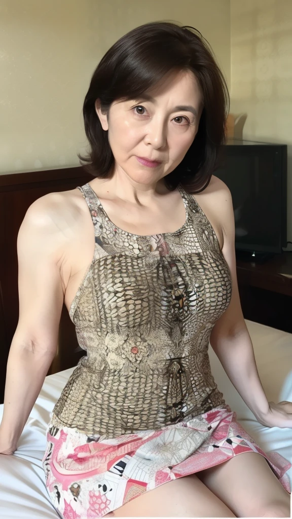  High image quality,  High image quality,   Attention to details, masterpiece,(Middle-aged obesity),  anatomically accurate , sharp, (( Japanese,Mature Woman)),(90 years old:1.5),((Facial wrinkles)), saggy breasts,  white skin,  dark brown hair,(Long Hair), bangs,((( sitting on bed ))), Looking ahead,(patterned see-through tank top:1.4),(  Tight Skirt :1.2),(  head to thigh :1.1),In the bedroom,(Expressionless:1.2),(elder:1.7),Ordinary housewife,