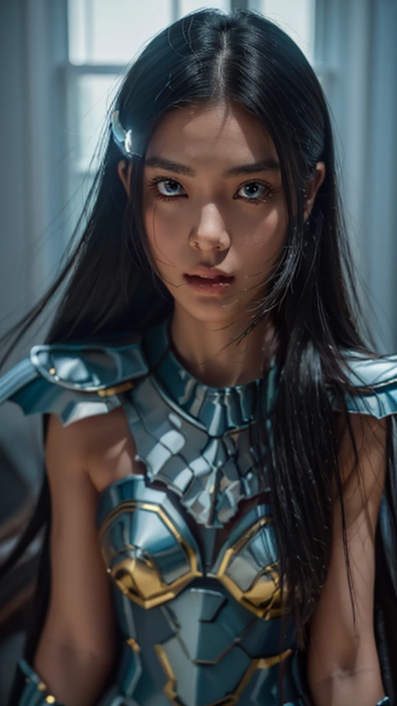 KitanaMK1, tiara, long black hair, brown eyes,lips, jewelry,blue dress, cleavage, looking at viewer, serious, smiling, portrait, 
outside, blue sky,  extreme detail, masterpiece, beautiful quality, <lora:KitanaMK1:.8>