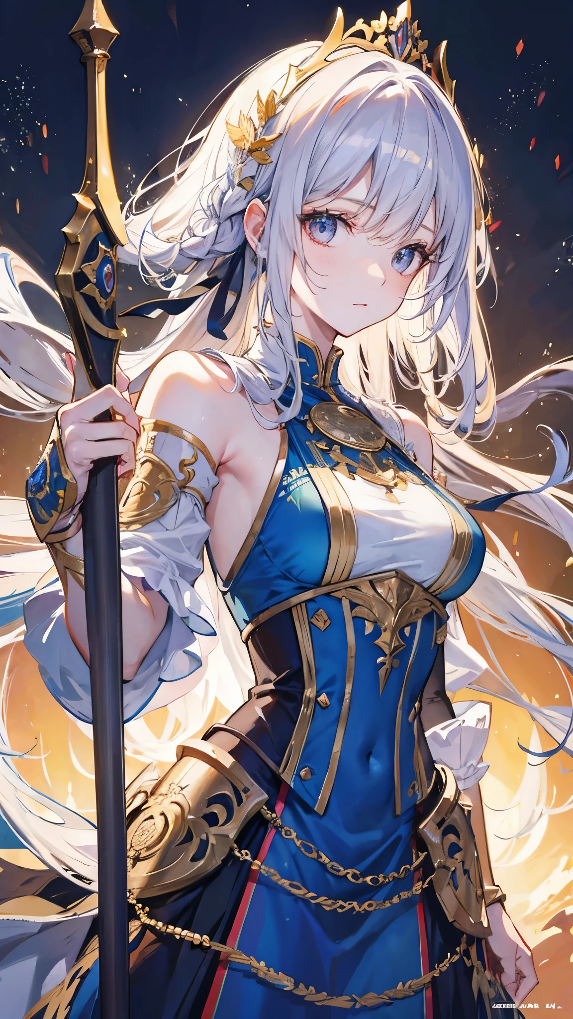 (masterpiece, best quality:1.2), (absurdres, highres, ultra-detailed), (perfect anatomy), realistic, 1girl, blue hair, horns, multicolored eyes, glowing, blue eye, yellow eye, bare shoulders, light particles, light rays, wallpaper