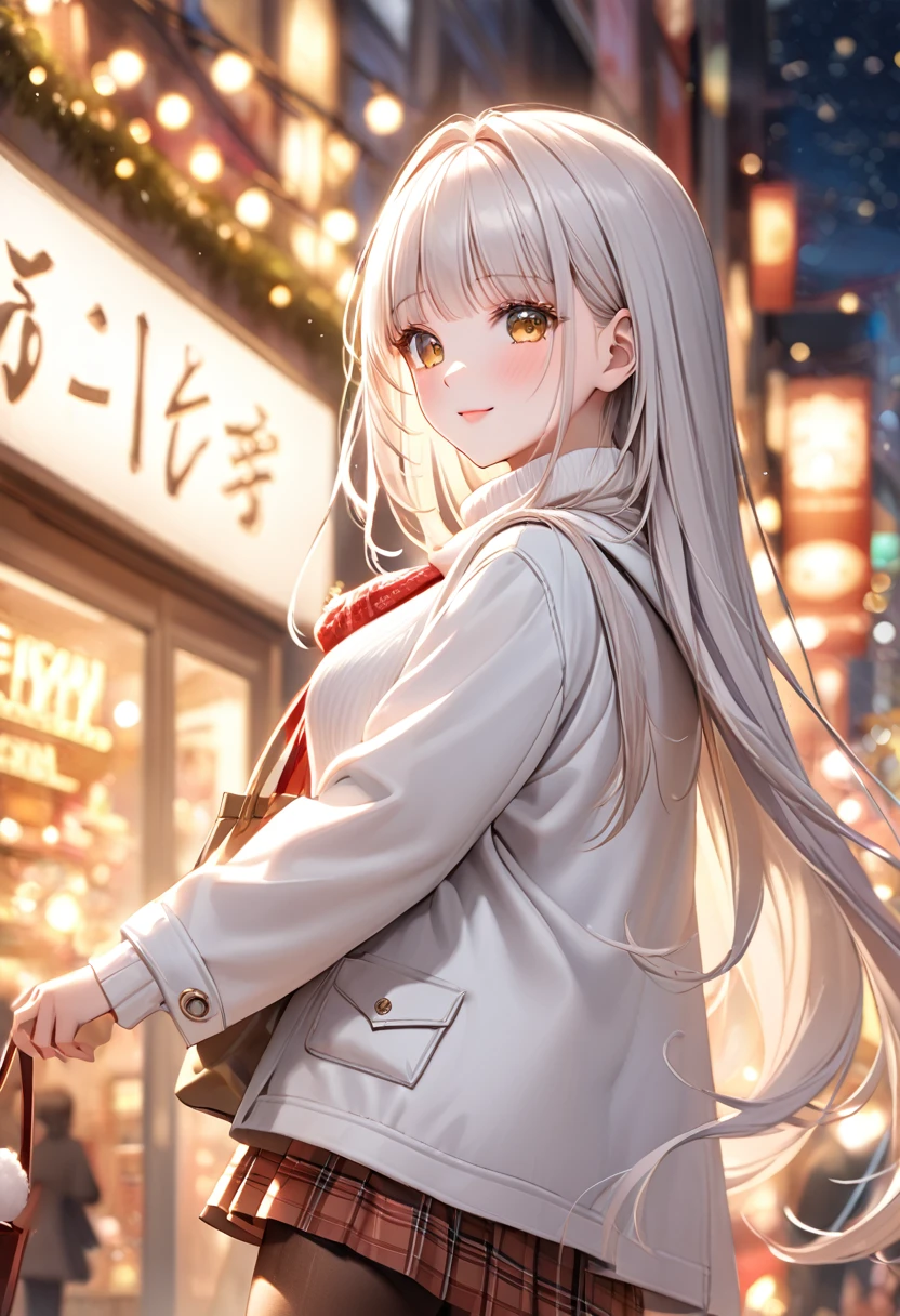 1girl, solo, FHD, Super Detail, top-quality, Very delicate, (upper body), cinematic lighting, ultra detailed, FHD, Super Detail, top-quality, Very delicate, Facing the lens, side view ,masterpiece, best quality, Kawaii pose, dynamic angle, incredibly absurdres, high detail eyes, tsurime, cute eyes, shy smile, full body, cute face, from right, turn to the side, blancrnd, white hair, very long hair, yellow eyes, breasts, hair intakes, bangs, white duffle coat, white turtle neck sweater, red plaid muffler, brown plaid skirt, brown pantyhose, white boots,  shoulder tote, bokeh, shibuya, christmas illumination, light, neon sign