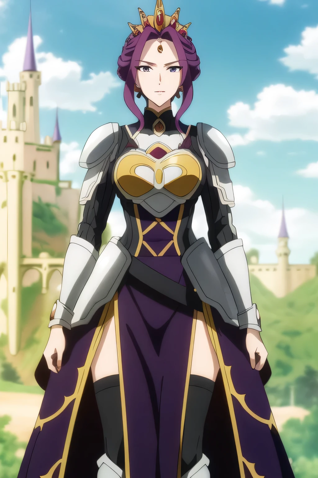 (Day:1.5),a castle with towers and towers on top of a hill with trees and clouds in the background and a blue sky,
Standing at attention,
purple and white outfit,armored dress,shoulder armor, armor,armored boots,
purple_hair, purple_eyes, jewelry, earrings, a crown on her head,
1 girl, 20yo,Young female,Beautiful Finger,Beautiful long legs,Beautiful body,
Beautiful Nose,Beautiful character design, perfect eyes, perfect face,expressive eyes,
looking at viewer, in the center of the image,(Upper_body),(Focus on her face),
official art,extremely detailed CG unity 8k wallpaper, perfect lighting,Colorful, Bright_Front_face_Lighting,shiny skin,
(masterpiece:1.0),(best_quality:1.0), ultra high res,4K,ultra-detailed,
photography, 8K, HDR, highres, absurdres:1.2, Kodak portra 400, film grain, blurry background, bokeh:1.2, lens flare, (vibrant_color:1.2)
(Beautiful,Breasts), (beautiful_face:1.5),(narrow_waist),