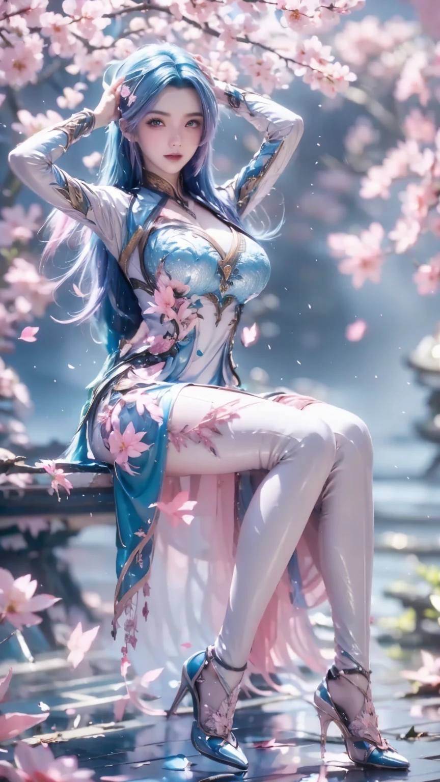 1girl, Solo, High Resolution, 8K Octane, behind waterfall, Behind Pink Sakura tree and Falling leaves, 
Blue Hair, Masterpiece, Smile, 