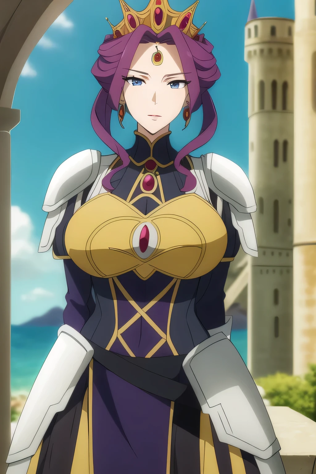 (Day:1.5),a castle with towers and towers on top of a hill with trees and clouds in the background and a blue sky,
Standing at attention,
purple and white outfit,armored dress,shoulder armor, armor,armored boots, 
purple_hair, purple_eyes, jewelry, earrings, a crown on her head, 
1 girl, 20yo,Young female,Beautiful Finger,Beautiful long legs,Beautiful body,
Beautiful Nose,Beautiful character design, perfect eyes, perfect face,expressive eyes,
looking at viewer, in the center of the image,(Upper_body),(Focus on her face),
official art,extremely detailed CG unity 8k wallpaper, perfect lighting,Colorful, Bright_Front_face_Lighting,shiny skin,
(masterpiece:1.0),(best_quality:1.0), ultra high res,4K,ultra-detailed,
photography, 8K, HDR, highres, absurdres:1.2, Kodak portra 400, film grain, blurry background, bokeh:1.2, lens flare, (vibrant_color:1.2)
(Beautiful,Breasts), (beautiful_face:1.5),(narrow_waist), seductive expression, mature woman, milf, big breast