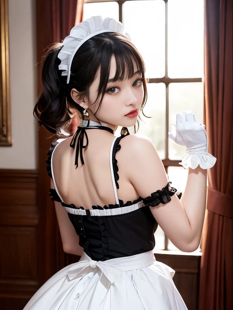 (Highest quality, Super detailed, High resolution, 8K images)She has a cheerful personality，Cute Smile.(large and impressive eyes, Long eyelashes),((black and white maid outfit、corset、Ribbon at collar.、Long skirt、garter belt、Knee socks)), Embarrassed smile、(Skirt flip:1.5), (Lift up your shirt:0.97), (Showing panties:1.5), (Panties with very fine and luxurious decorative lace、White lace satin panties:1.3),((Show me your)), ((Stick your butt out)),(Squat with legs apart), ,(Overflowing big),(A full-body shot from behind), Very beautiful and cute girl,22 years old,(anime),Kamimei, Pitch black background,(Solid black background),alone,
