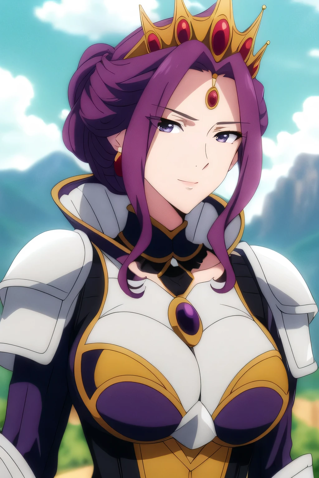 (Day:1.5),a castle with towers and towers on top of a hill with trees and clouds in the background and a blue sky,
Standing at attention,
purple and white outfit,armored dress,shoulder armor, armor,armored boots,
purple_hair, purple_eyes, jewelry, earrings, a crown on her head,
1 girl, 20yo,Young female,Beautiful Finger,Beautiful long legs,Beautiful body,
Beautiful Nose,Beautiful character design, perfect eyes, perfect face,expressive eyes,
looking at viewer, in the center of the image,(Upper_body),(Focus on her face),
official art,extremely detailed CG unity 8k wallpaper, perfect lighting,Colorful, Bright_Front_face_Lighting,shiny skin,
(masterpiece:1.0),(best_quality:1.0), ultra high res,4K,ultra-detailed,
photography, 8K, HDR, highres, absurdres:1.2, Kodak portra 400, film grain, blurry background, bokeh:1.2, lens flare, (vibrant_color:1.2)
(Beautiful,Breasts), (beautiful_face:1.5),(narrow_waist), seductive expression, mature woman, milf, big breast