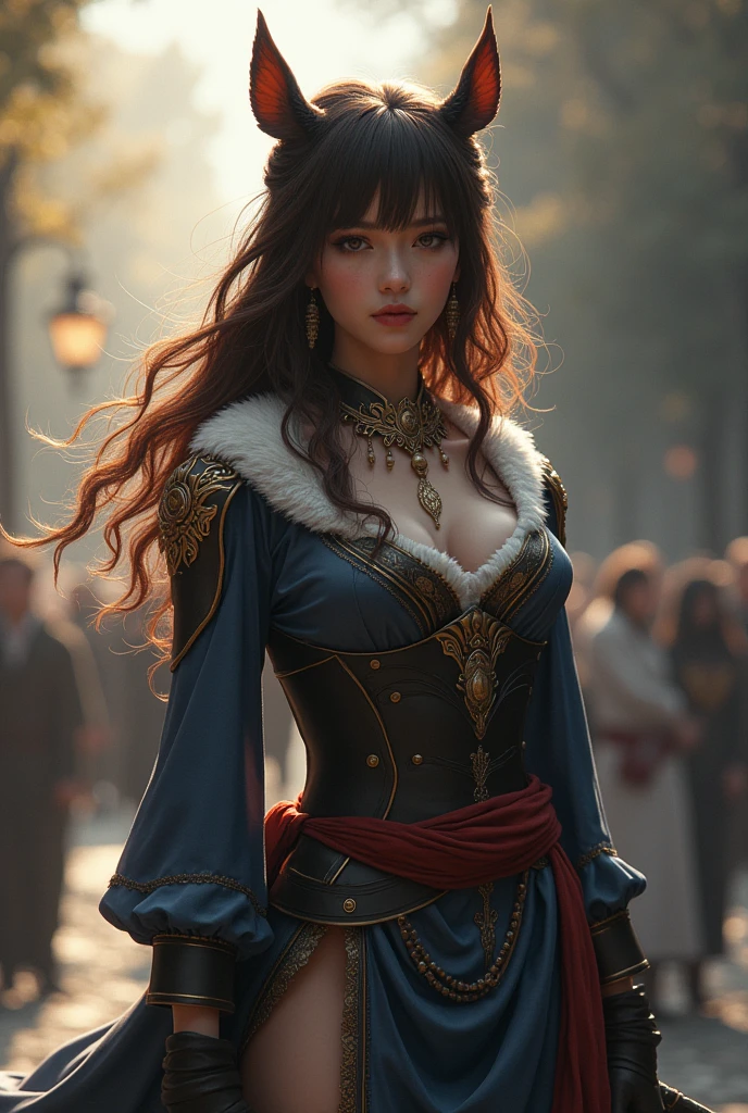 (best quality,highres),girl,medieval city dress,intricate braided hairstyle,black hair,big breasts,beautiful face,detailed eyes,detailed lips,extremely detailed eyes and face,long eyelashes,curvy body,fair skin,confident expression,standing pose,romantic background,dusk lighting,soft colors,vibrant atmosphere,enchanted feeling,impressive architecture,gothic buildings,narrow cobblestone streets,flowing banners,ornate balconies,ivy-covered walls,bustling marketplace,floral decorations,ornamental gates,medieval charm,lively crowd,authentic costumes,attention to historical accuracy,regal atmosphere,majestic spires,grand towers,distant mountains,serene river winding through the city,reflections shimmering on the water,mysterious alleyways,whispering secrets,hidden treasures,romantic rendezvous,storybook setting.