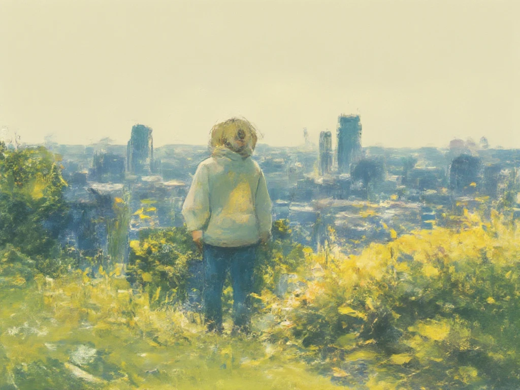 detailed crayon illustration, perfect image, breathtaking, depth of field, cinematic, warm color palette, a person standing in a garden, wearing hoodie, city in background, hands in pockets, Back towards viewer, somber, amazing, warm colors, portraying a sense of peacefulness, leaves in the air, focal blur, focused on subject, 