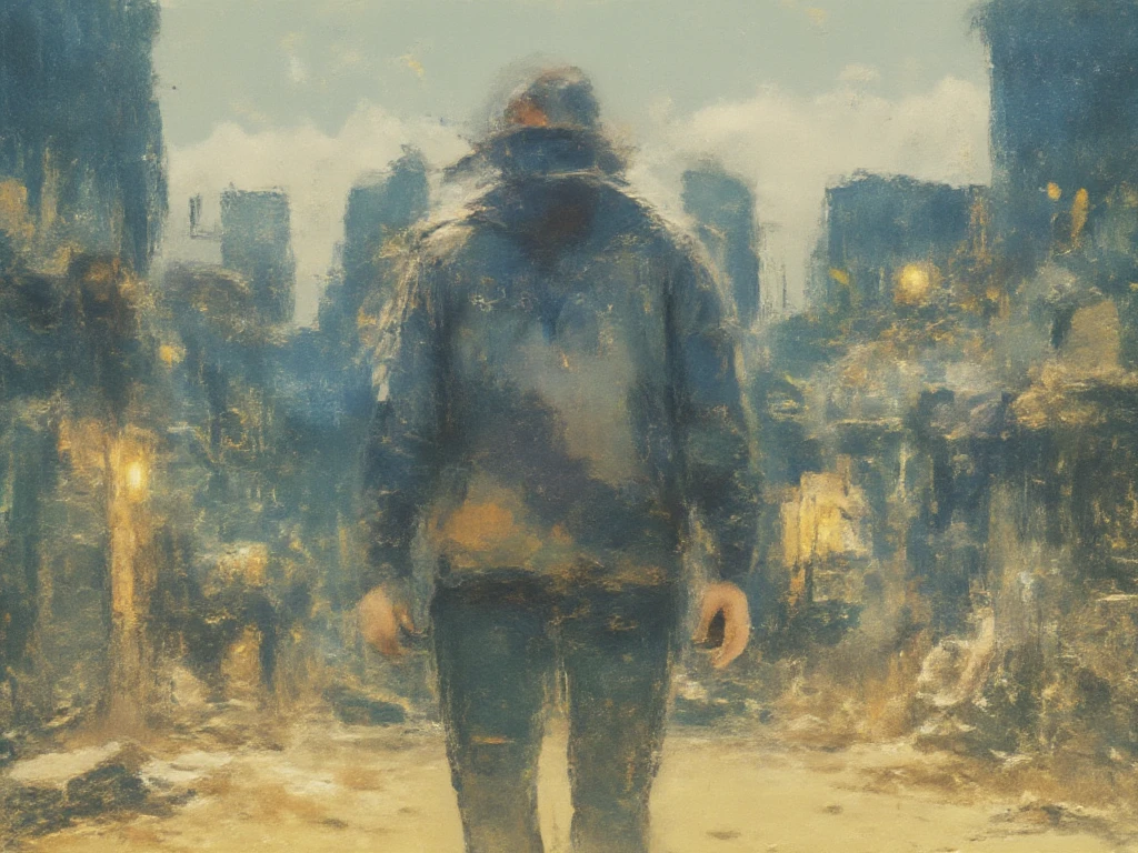 detailed crayon illustration, perfect image, breathtaking, depth of field, cinematic, warm color palette, a person fading into dust, wearing hoodie, city in background, hands in pockets, Back towards viewer, somber, amazing, warm colors, portraying a sense of peacefulness, leaves in the air, focal blur, focused on subject, 