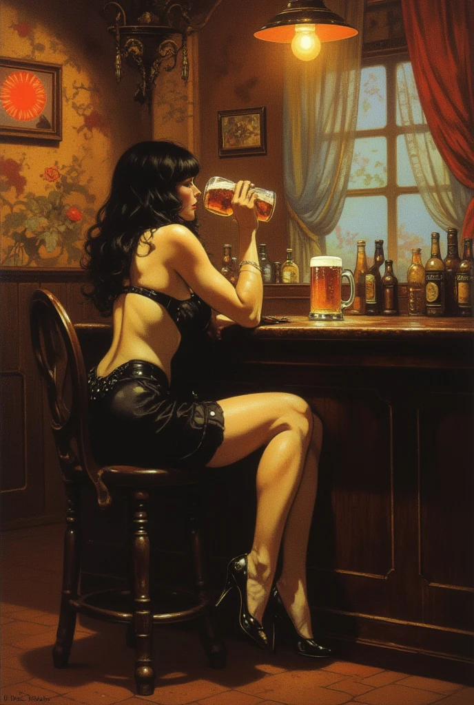 Frank Frazetta fantasy oil painting , beautiful female drinking beer in the inn,black corset,looking away,alone,her mug is full,GLSHS,high heels,sensual.
