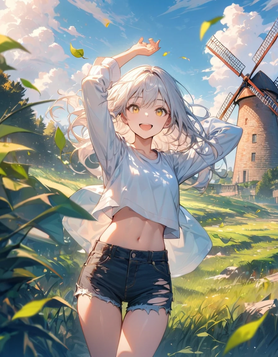 (masterpiece),(best quality),illustration,ultra detailed,hdr,Depth of field,(colorful),1girl,solo,outdoors,shorts,sky,long hair,cloud,navel,falling leaves,cutoffs,arms up,crop top,smile,grass,windmill,midriff,day,black shorts,long sleeves,floating hair,stomach,wind,blue sky,standing,open mouth,shirt,short shorts,denim,white hair,white shirt,yellow eyes,:d,torn shorts,feet out of frame,looking at viewer,denim shorts,leaf,thighs,TrNyteal,