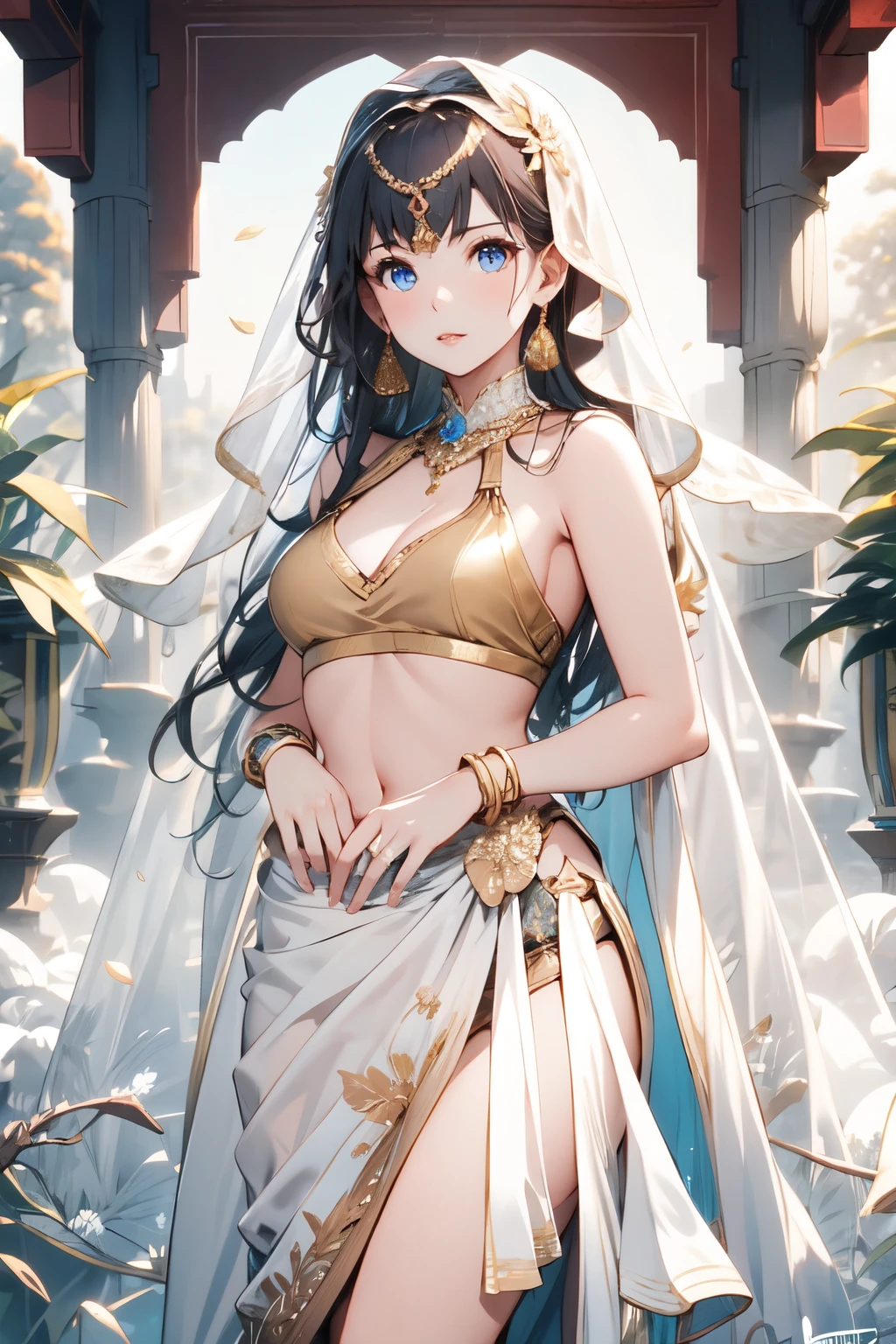 ((Top Quality)), ((Excellent)), (Details),,((Japanese)),,Black Hair,(Young Face),((Straight Hair)),Shiny Hair,Girl,Medium Bust,Emphasized Cleavage, ((Topless)),((Blue Eyes)),Lace Veil,Wearing Veil,Masterpiece,((Sari)) , ((Lehenga)),((Lehenga is a traditional Indian dress)),Natural Light,Solo,Straight Hair,Blunt Bangs,Hair Ribbon,Hair Ribbon,Ribbon,Outdoor, (Indian Street Scene),One Girl,Stunning Environment,Vibrant Colors,