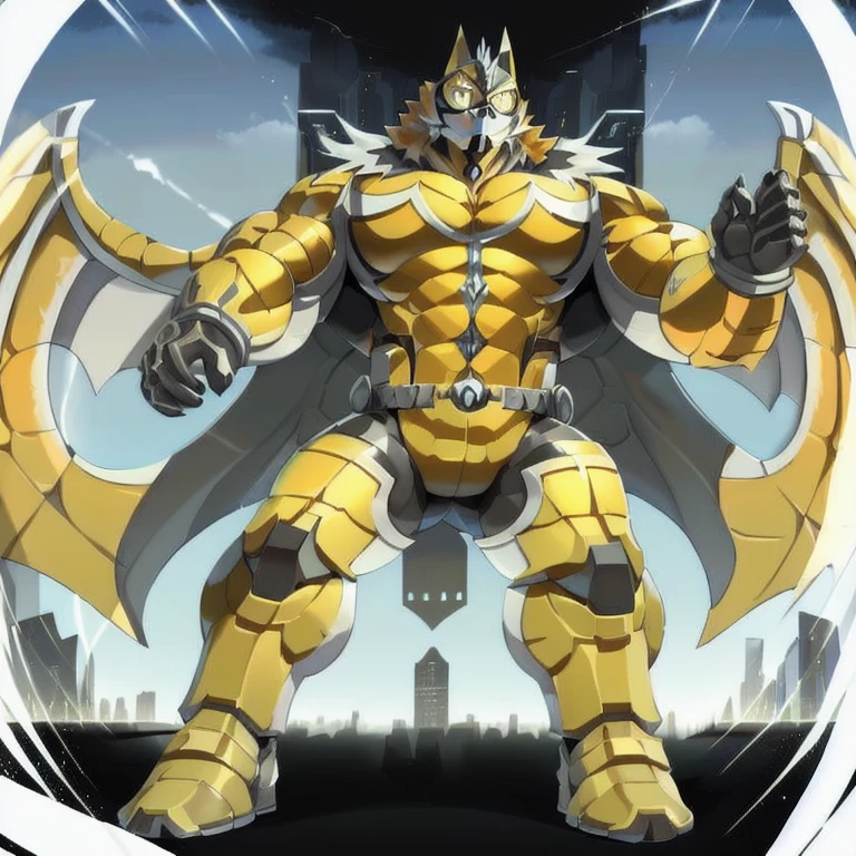 (ryekie, 8K), (ryekie's giant robot, Powered exoskeleton with the same design as ryekie), (Masterpiece, highres) (Detailed head, Detailed Body, Detailed abs, full body) (gigantic muscles, Gigachad Muscular, big muscle, pecs, triceps, traps, unusually developed muscular body, body full of huge muscles. showing off muscles, pectorales enormes, Exaggeratedly huge muscles.) (nj5furry, The claws are sharp, Sharp teeth, sharp claws), (long legs), (Spread wings, It has wings, have big wings, golden wings),  (It has wings, whole body shines like metal, Wearing cyberpunk mecha, emphasizes the muscles, suit fully made of metal, intricate armor, Robotic suit, suit fully made of metal, cyborg), menacing pose, An arrogant expression. destroying city. (golden hyper penis), menacing pose, no face. wearing a full-face helmet. (gloves, cape, mask, bodysuit, skin tight, orange bodysuit.)