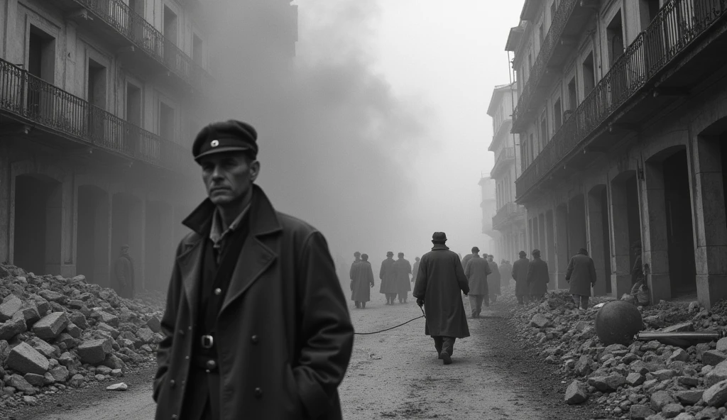 A young Fit, but blind man walks car fully downed the street of a post war city in ruins tapping his cane as he walks in a greyscale world without colour except for his bright blue blind eyes