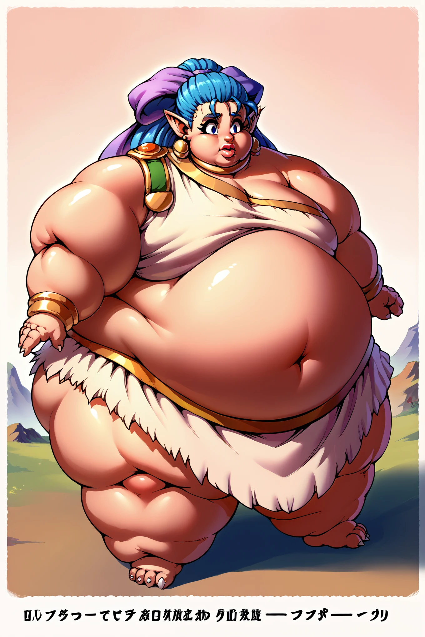 Girl becoming a monster, becoming a troll, fat, chubby, obese, fabric clothes, loincloth , 1girl, nera, hair bow, bracelet, choker, earrings, big ears, big nose, big lips, 900 pounds, 10 ft tall, hunchback, broad shoulders, big belly, gigantic arms and legs 