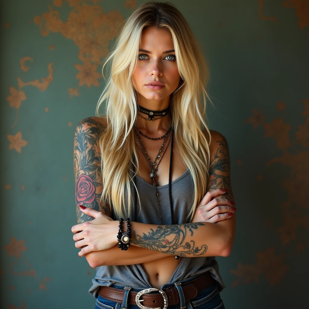 autophoto, Wink, beautiful baby-faced woman, with an alluring and seductive expression, shy, straight blonde hair, Forehead, make up, blue eyes, superlative body proportion, covered in tattoos, wearing a loose knit shirt, tight leather pants, engineer boots, Artistic, hyper, CG graphic digital art