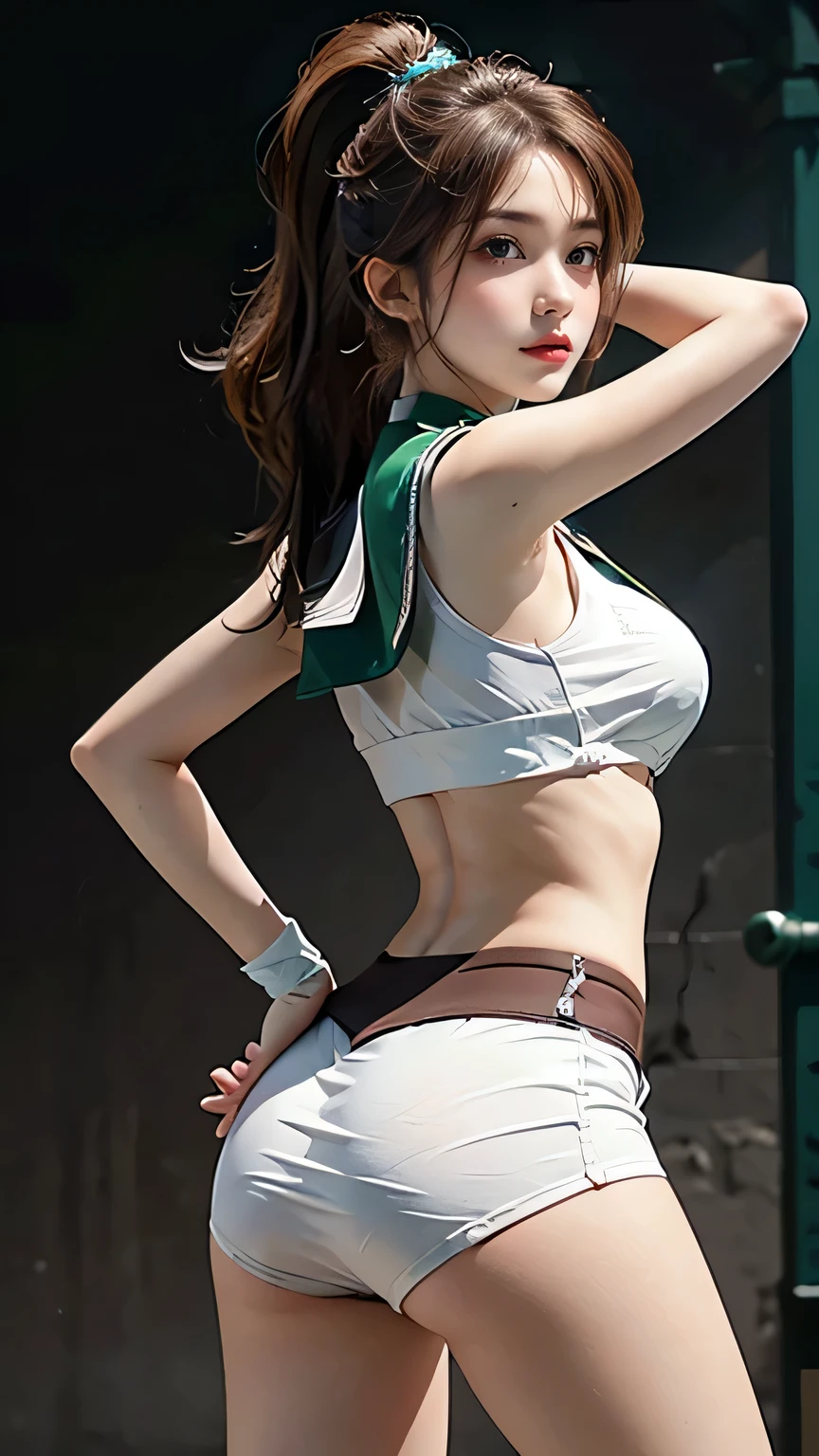 There is a woman wearing green and black clothes posing on a motorcycle,Ultra mini skirt、Spread legs,Show white panties,a miniskirt、poneyTail、beautiful thigh、Beautie、Beautiful panties、 Anime girl cosplay, perfect android girl, an oppai cyberpunk, Tifa, Wonderful, Makoto, 8K, Anime Cosplay