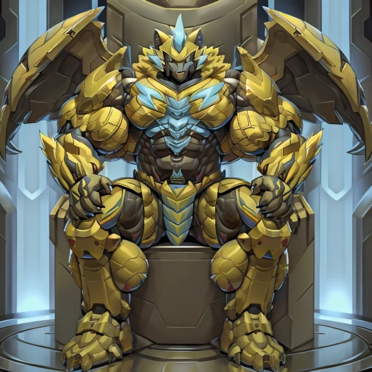 (zeraora, 8K), (zeraora's giant robot, Powered exoskeleton with the same design as zeraora), (Masterpiece, highres) (Detailed head, Detailed Body, Detailed abs, full body) (gigantic muscles, Gigachad Muscular, big muscle, pecs, triceps, traps, unusually developed muscular body, body full of huge muscles. showing off muscles, pectorales enormes, Exaggeratedly huge muscles.) (nj5furry, The claws are sharp, Sharp teeth, sharp claws), (long legs), (Spread wings, It has wings, have big wings, golden wings), (Wrestling, wrestler, the bodybuilding), (It has wings, whole body shines like metal, Wearing cyberpunk mecha, emphasizes the muscles, suit fully made of metal, intricate armor, Robotic suit, suit fully made of metal, cyborg), menacing pose, sitting on the throne, An arrogant expression. destroying city. BULK UP.