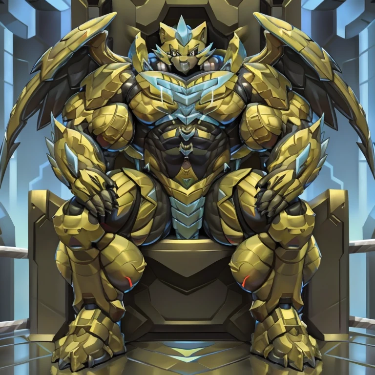 (zeraora, 8K), (zeraora's giant robot, Powered exoskeleton with the same design as zeraora), (Masterpiece, highres) (Detailed head, Detailed Body, Detailed abs, full body) (gigantic muscles, Gigachad Muscular, big muscle, pecs, triceps, traps, unusually developed muscular body, body full of huge muscles. showing off muscles, pectorales enormes, Exaggeratedly huge muscles.) (nj5furry, The claws are sharp, Sharp teeth, sharp claws), (long legs), (Spread wings, It has wings, have big wings, golden wings), (Wrestling, wrestler, the bodybuilding), (It has wings, whole body shines like metal, Wearing cyberpunk mecha, emphasizes the muscles, suit fully made of metal, intricate armor, Robotic suit, suit fully made of metal, cyborg), menacing pose, sitting on the throne, An arrogant expression. destroying city. BULK UP.