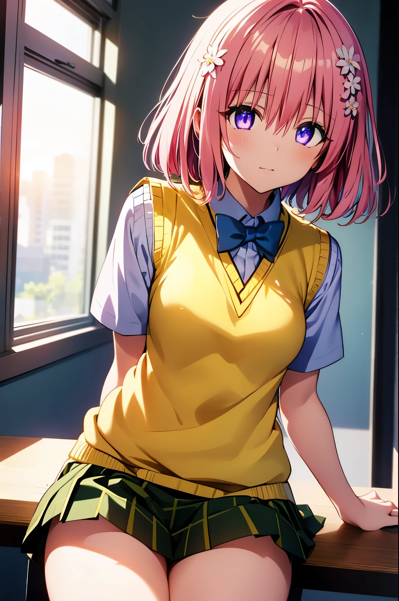 anime girl sitting at the table、1 girl with her hands on her chin , Modevirke , devil luke type, demon Tail, hair flower, hair accessory, ( purple eyes:1.1), Pink Hair, short hair, Tail, break demon Tail, green skirt, Check pattern, Check pattern skirt, Disaster High School , , skirt, sweater vest , knee socks, (Yellow Sweater:1.5), break looking at viewer, break indoors, classroom, break (masterpiece:1.2), Best Quality, Hi-Res, Unity 8K Wallpaper, (shape:0.8), (beautiful deTailed eyes:1.6), extremely deTailed face, full light, extremely deTailed CG, (Perfect hands, perfect anatomy),,( Panty shot:1.1),