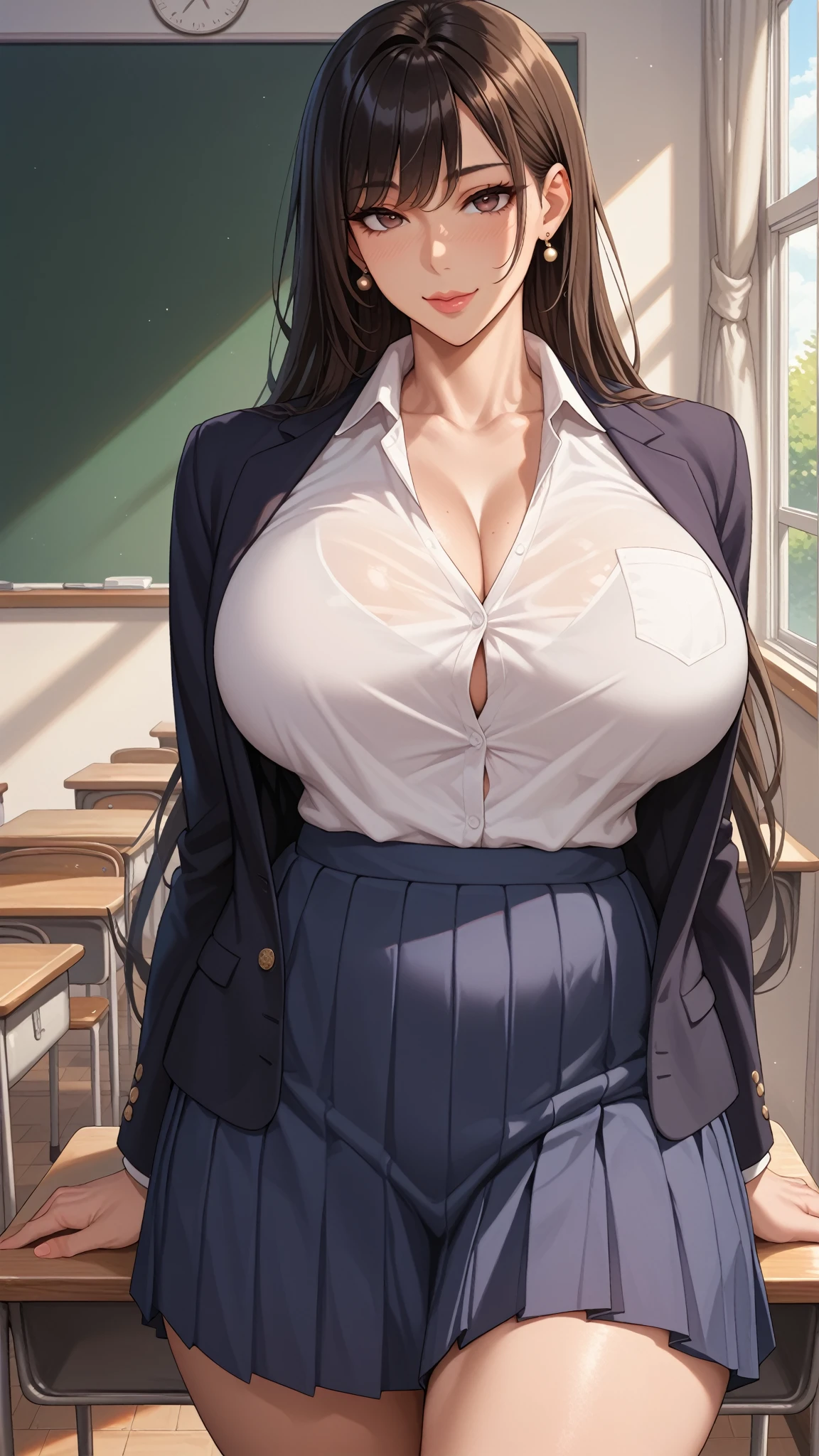 Sex,Putting a penis in a pussy, Massive creampie, (Highest quality, 8K, 4K, High resolution, masterpiece:1.2), Very detailed, Anime Style:0.9, Realistic, Bright colors, Written boundary depth, Blurred Background,  (Black Hair, Braided long hair, Glasses, Cut straight、Straight bangs, Dark brown eyes), Beautiful facial details, Beautiful Eyes, Long eyelashes, Soft lips, (Small face), (smile:1.3), Rear View,  ((uniform, Fishnet tights:1.2,  )), classroom,  Big cleavage,Nipple slip, Large areola, Shaved pussy, Erect nipples,Ahegao, Sweat, Blushing, My body is soaked, A large amount of cloudy semen dripping from the pussy,Cloudy semen splattered on her chest,Covered in semen