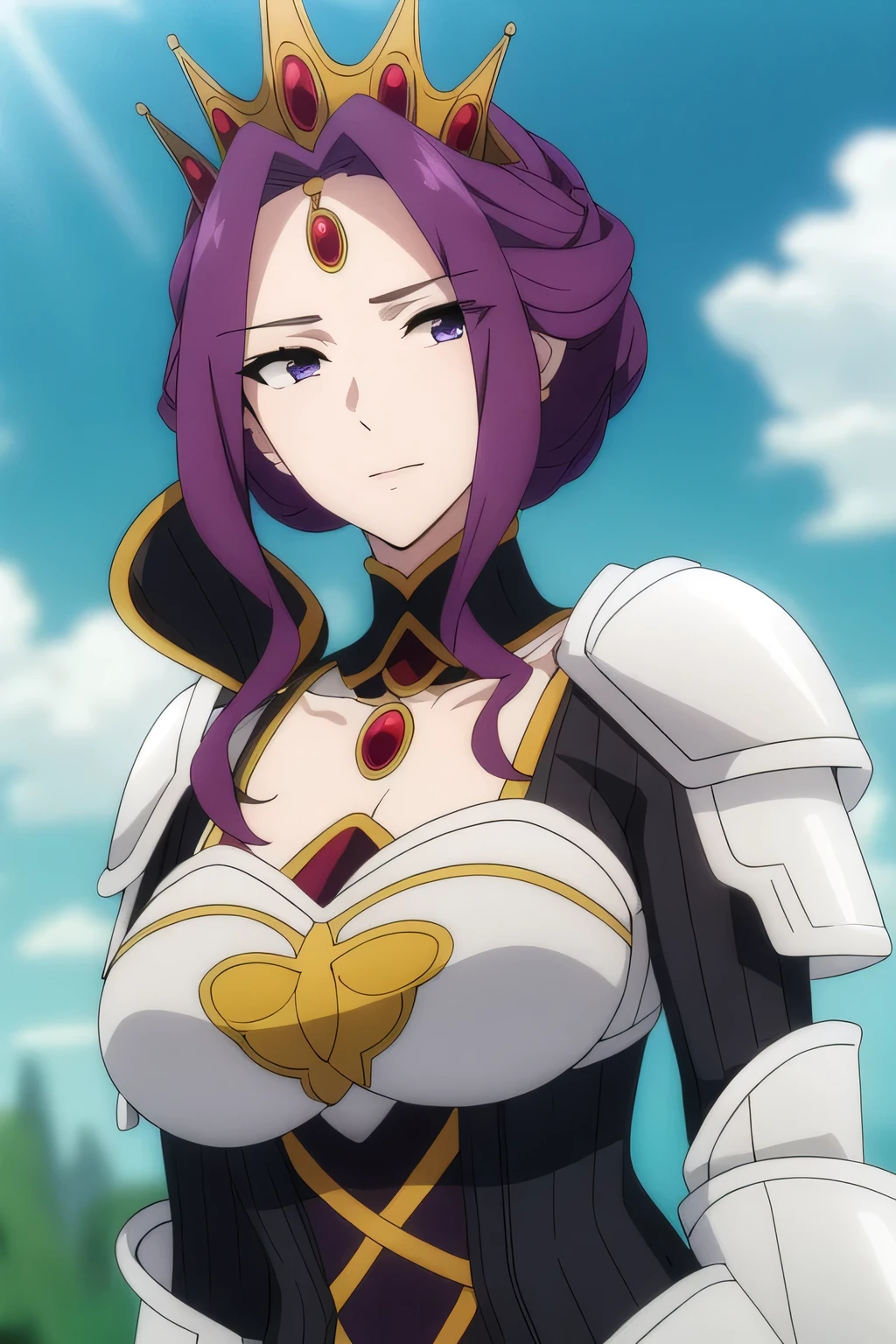 (Day:1.5),a castle with towers and towers on top of a hill with trees and clouds in the background and a blue sky,
Standing at attention,
purple and white outfit,armored dress,shoulder armor, armor,armored boots,
purple_hair, purple_eyes, jewelry, earrings, a crown on her head,
1 girl, 20yo,Young female,Beautiful Finger,Beautiful long legs,Beautiful body,
Beautiful Nose,Beautiful character design, perfect eyes, perfect face,expressive eyes, (embarrassed expression), (blushing face1.2), looking at viewer, in the center of the image,(Upper_body),(Focus on her face),
official art,extremely detailed CG unity 8k wallpaper, perfect lighting,Colorful, Bright_Front_face_Lighting,shiny skin,
(masterpiece:1.0),(best_quality:1.0), ultra high res,4K,ultra-detailed,
photography, 8K, HDR, highres, absurdres:1.2, Kodak portra 400, film grain, blurry background, bokeh:1.2, lens flare, (vibrant_color:1.2)
(Beautiful,Breasts), (beautiful_face:1.5),(narrow_waist),