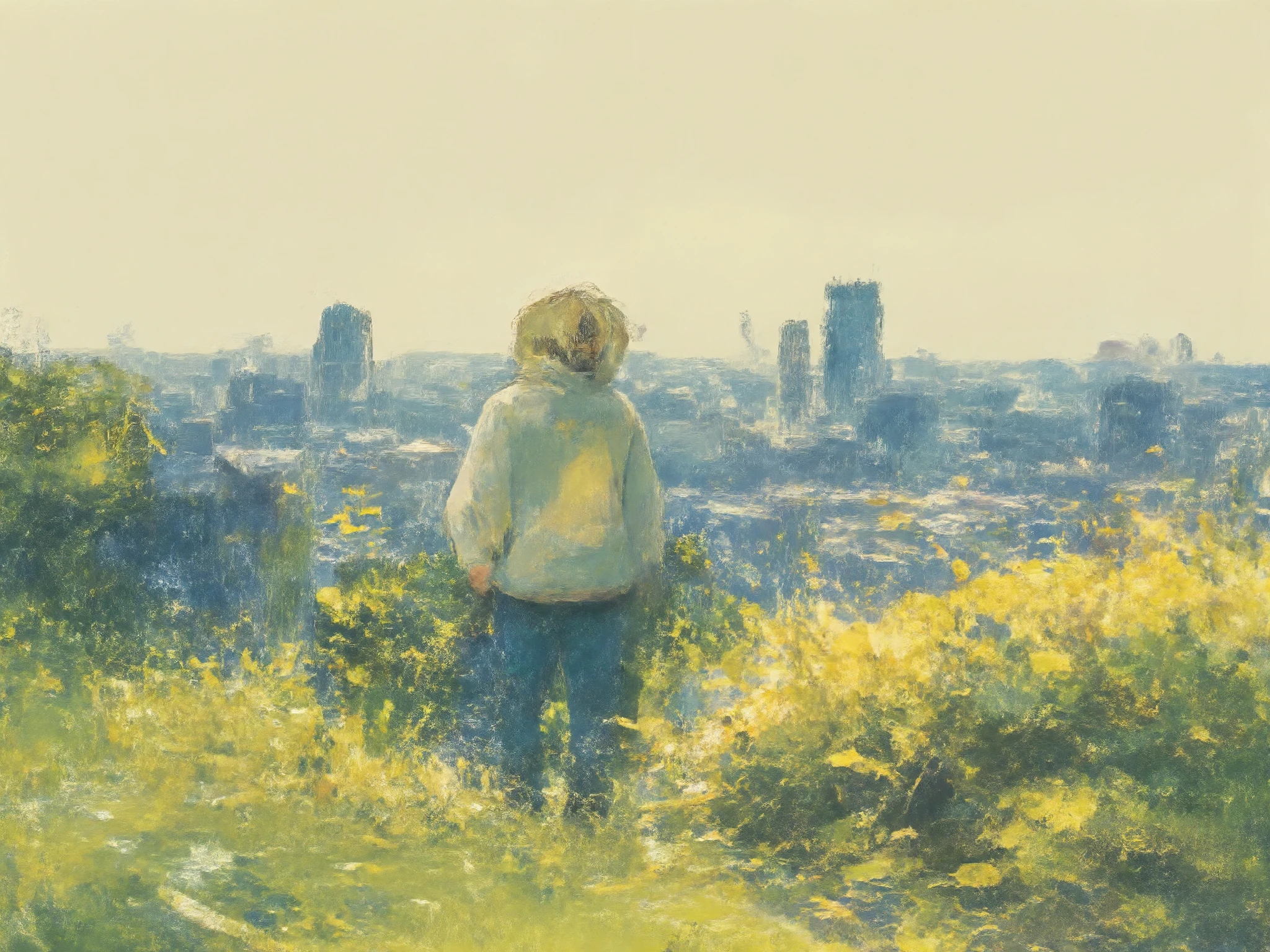 detailed crayon illustration, perfect image, breathtaking, depth of field, cinematic, warm color palette, a person standing in a garden, wearing hoodie, city in background, hands in pockets, Back towards viewer, somber, amazing, warm colors, portraying a sense of peacefulness, leaves in the air, focal blur, focused on subject, 