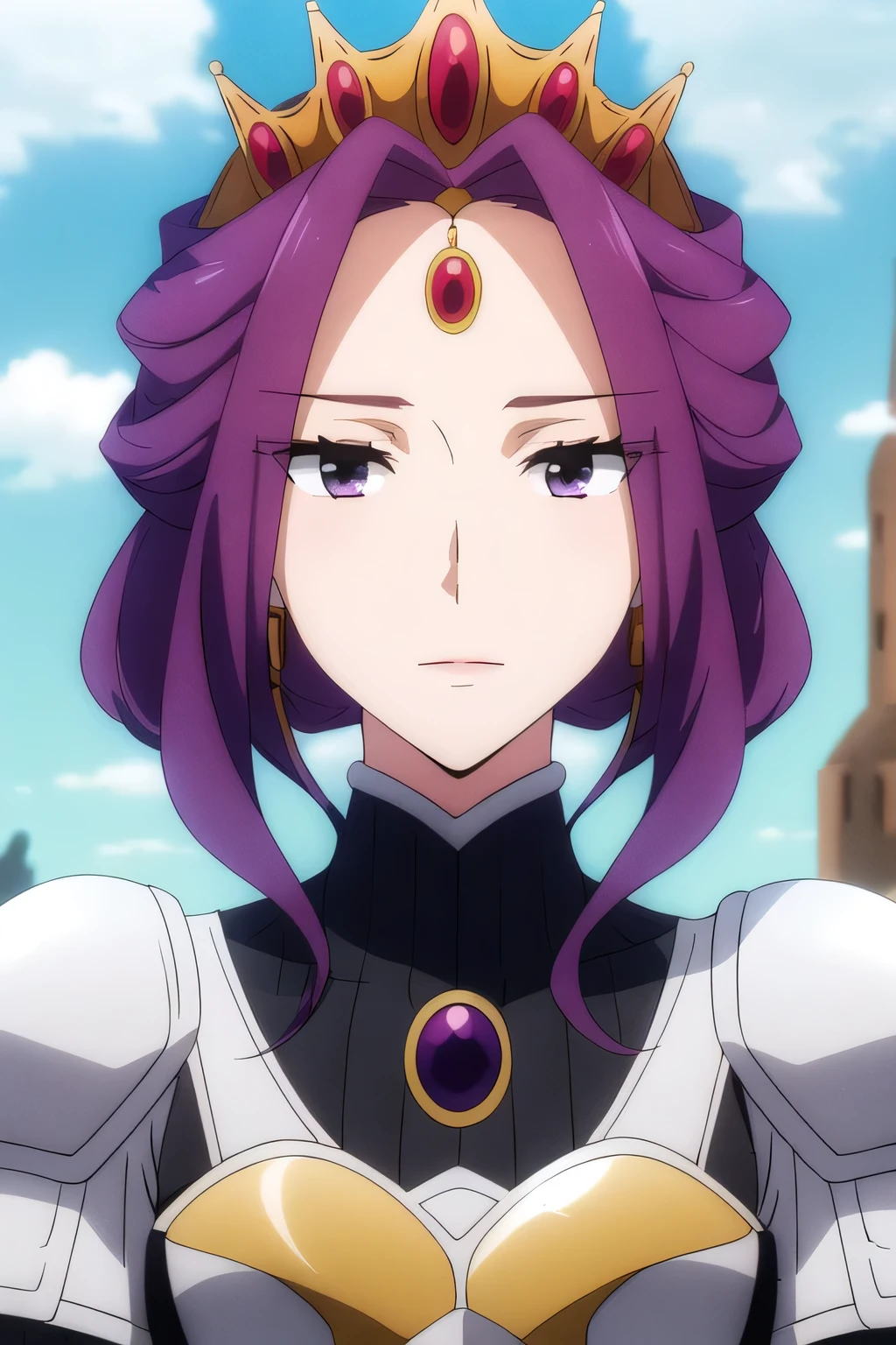 (Day:1.5),a castle with towers and towers on top of a hill with trees and clouds in the background and a blue sky,
Standing at attention,
purple and white outfit,armored dress,shoulder armor, armor,armored boots,
purple_hair, purple_eyes, jewelry, earrings, a crown on her head,
1 girl, 20yo,Young female,Beautiful Finger,Beautiful long legs,Beautiful body,
Beautiful Nose,Beautiful character design, perfect eyes, perfect face,expressive eyes, (embarrassed expression), (blushing face1.2), looking at viewer, in the center of the image,(Upper_body),(Focus on her face),
official art,extremely detailed CG unity 8k wallpaper, perfect lighting,Colorful, Bright_Front_face_Lighting,shiny skin,
(masterpiece:1.0),(best_quality:1.0), ultra high res,4K,ultra-detailed,
photography, 8K, HDR, highres, absurdres:1.2, Kodak portra 400, film grain, blurry background, bokeh:1.2, lens flare, (vibrant_color:1.2)
(Beautiful,Breasts), (beautiful_face:1.5),(narrow_waist),