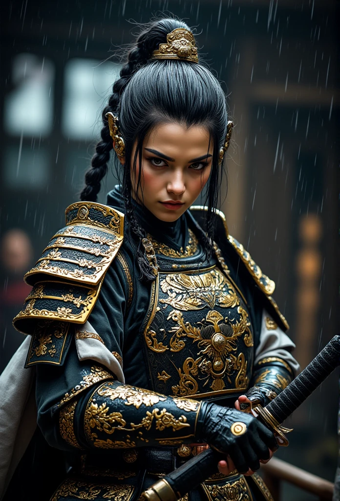 An extremely detailed portrait of a  fierce and determined female samurai warrior stands under the rain, exuding strength and focus. She wears intricately crafted armor with gold and black accents, now enhanced with intricate details, including elaborate floral and geometric engravings on every plate. Her armor features ornate patterns inspired by traditional Japanese art, with delicate symbols, intricate textures, and layered elements adding depth to the design. Her sharp gaze and dark hair, tied back with loose braids framing her face, amplify her intense look. She holds her katana in a striking pose, with the blade angled toward the camera, close and imposing, as if ready to strike. Rain falls dramatically, dripping from her armor, hair and facr creating a powerful scene. The background is blurred, suggesting a traditional Japanese setting with wooden structures, amplifying her warrior spirit. The overall scene embodies strength, grace, and resilience, capturing the essence of a legendary samurai heroine with richly detailed armor.