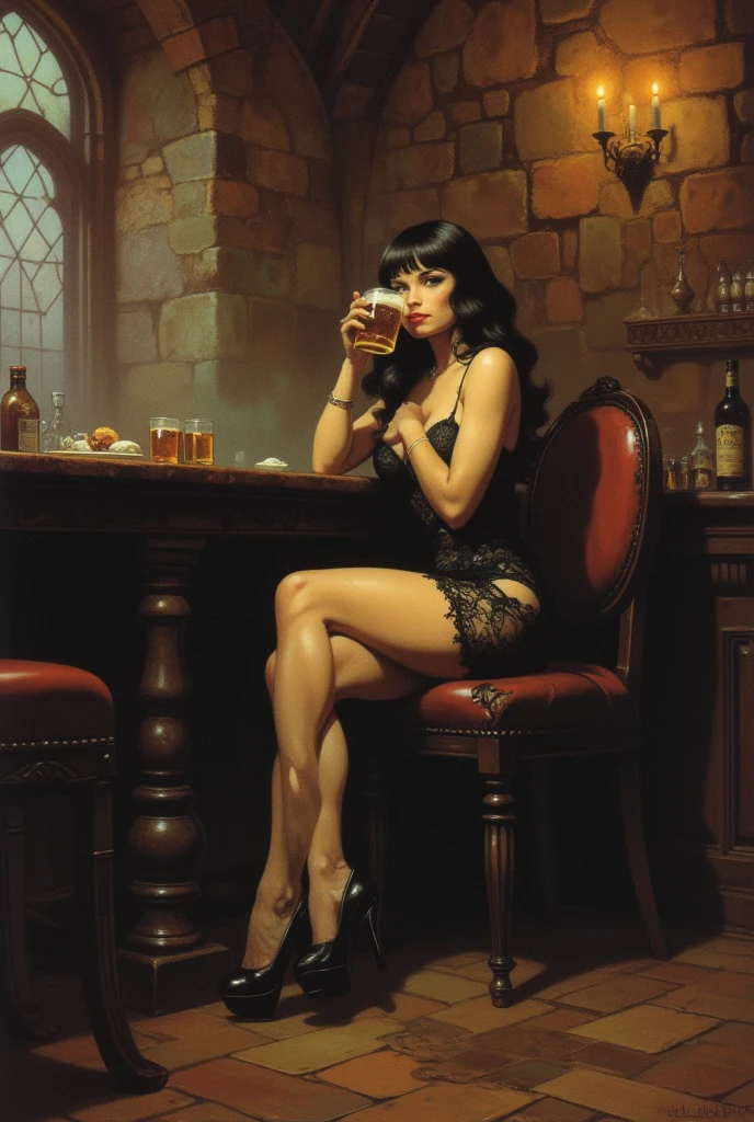 Frank Frazetta fantasy oil painting , beautiful female drinking beer in the inn,black laced dress,looking away,alone,her mug is full,GLSHS,high heels,sensual.
