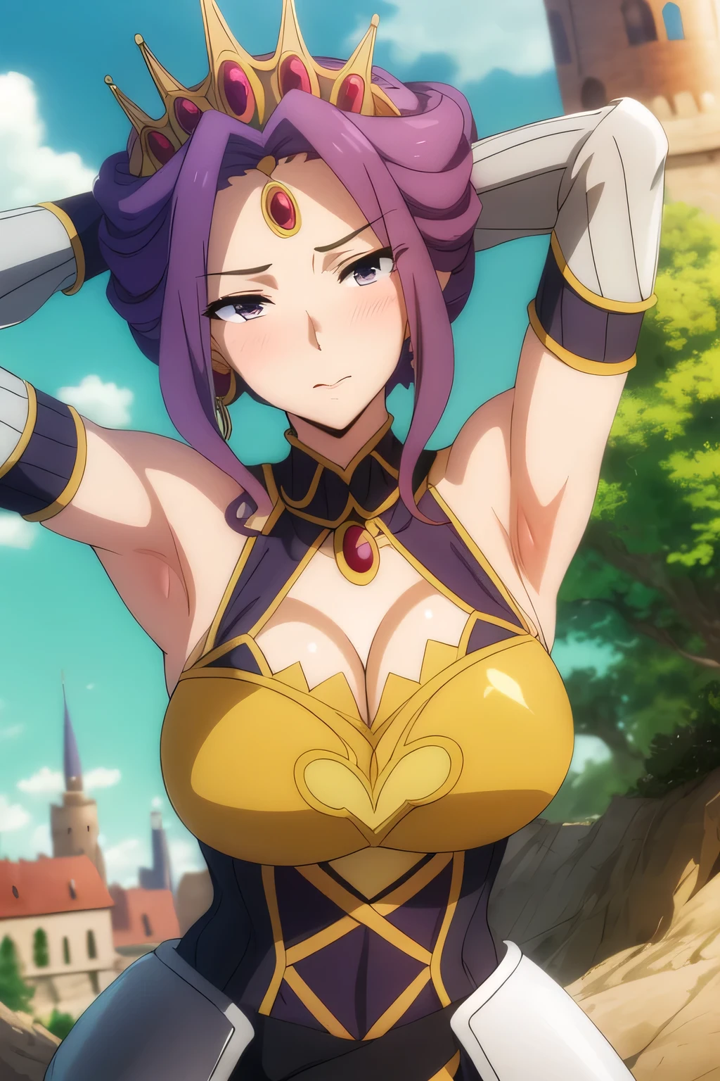 (Day:1.5),a castle with towers and towers on top of a hill with trees and clouds in the background and a blue sky,
Standing at attention,
purple and white outfit,armored dress,shoulder armor, armor,armored boots, 
purple_hair, (purple_eyes), jewelry, earrings, a crown on her head, 
1 girl, 20yo,Young female,Beautiful Finger,Beautiful long legs,Beautiful body,
Beautiful Nose,Beautiful character design, perfect eyes, perfect face, showing her armpits,sweaty armpits, expressive eyes, shy, (embarrassed expression), (blushing face:1.3), looking at viewer, in the center of the image,(Upper_body),(Focus on her face), big breast, breast cleveage, official art,extremely detailed CG unity 8k wallpaper, perfect lighting,Colorful, Bright_Front_face_Lighting,shiny skin,
(masterpiece:1.0),(best_quality:1.0), ultra high res,4K,ultra-detailed,
photography, 8K, HDR, highres, absurdres:1.2, Kodak portra 400, film grain, blurry background, bokeh:1.2, lens flare, (vibrant_color:1.2)
(Beautiful,Breasts), (beautiful_face:1.5),(narrow_waist), 