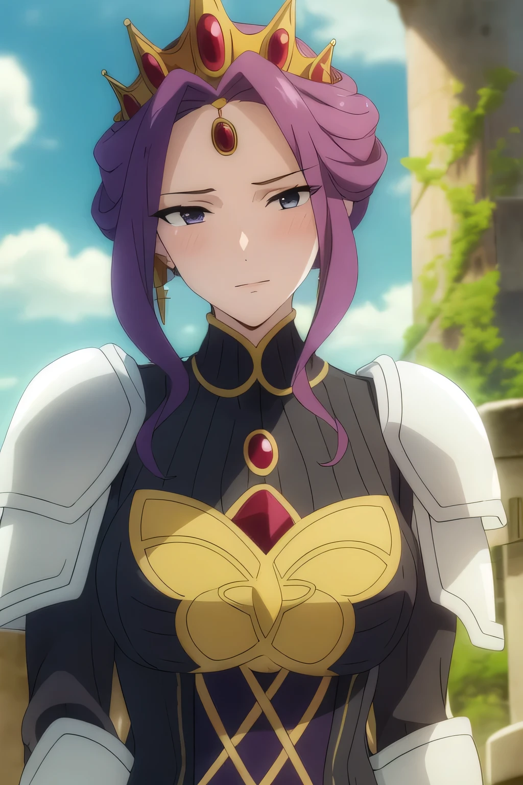 (Day:1.5),a castle with towers and towers on top of a hill with trees and clouds in the background and a blue sky,
Standing at attention,
purple and white outfit,armored dress,shoulder armor, armor,armored boots,
purple_hair, purple_eyes, jewelry, earrings, a crown on her head,
1 girl, 20yo,Young female,Beautiful Finger,Beautiful long legs,Beautiful body,
Beautiful Nose,Beautiful character design, perfect eyes, perfect face,expressive eyes, (embarrassed expression), (blushing face1.2), looking at viewer, in the center of the image,(Upper_body),(Focus on her face),
official art,extremely detailed CG unity 8k wallpaper, perfect lighting,Colorful, Bright_Front_face_Lighting,shiny skin,
(masterpiece:1.0),(best_quality:1.0), ultra high res,4K,ultra-detailed,
photography, 8K, HDR, highres, absurdres:1.2, Kodak portra 400, film grain, blurry background, bokeh:1.2, lens flare, (vibrant_color:1.2)
(Beautiful,Breasts), (beautiful_face:1.5),(narrow_waist),