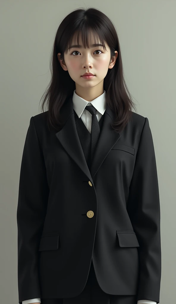  RAW photos from the last century、 high school girl、Show your whole body、  Black School Uniform 、 long straight black hair 、 center part bang 、Japanese、Beauty、Grown Up、Big Eyes、Tear bags、high nose