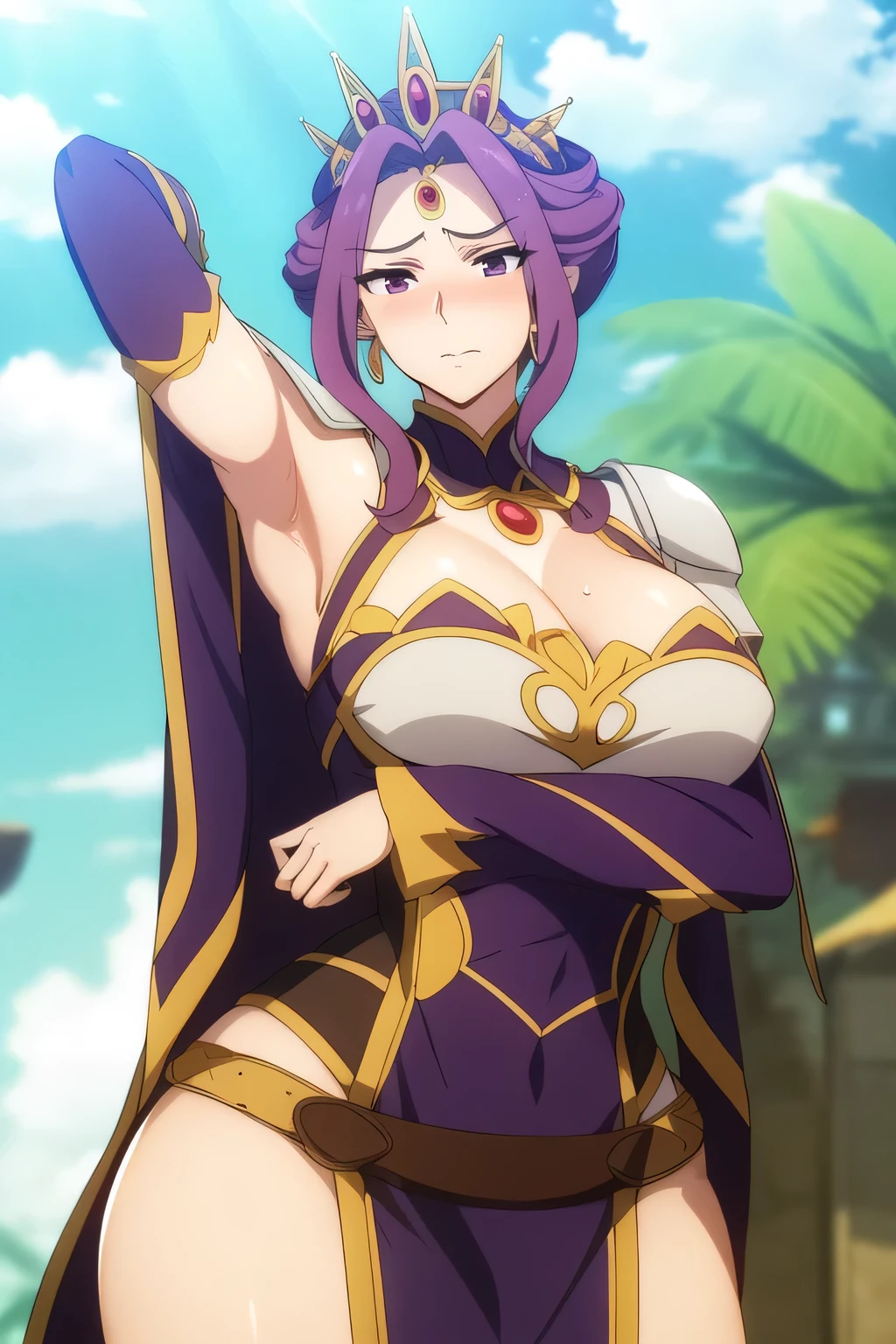 (Day:1.5),a castle with towers and towers on top of a hill with trees and clouds in the background and a blue sky,
Standing at attention,
purple and white outfit,armored dress,shoulder armor, armor,armored boots, 
purple_hair, (purple_eyes), jewelry, earrings, a crown on her head, 
1 girl, 20yo,Young female,Beautiful Finger,Beautiful long legs,Beautiful body,
Beautiful Nose,Beautiful character design, perfect eyes, perfect face, showing her armpits,sweaty armpits, cum in armpit,expressive eyes, shy, (embarrassed expression), (blushing face:1.3), looking at viewer, in the center of the image,(Upper_body),(Focus on her face), big breast, breast cleveage, official art,extremely detailed CG unity 8k wallpaper, perfect lighting,Colorful, Bright_Front_face_Lighting,shiny skin,
(masterpiece:1.0),(best_quality:1.0), ultra high res,4K,ultra-detailed,
photography, 8K, HDR, highres, absurdres:1.2, Kodak portra 400, film grain, blurry background, bokeh:1.2, lens flare, (vibrant_color:1.2)
(Beautiful,Breasts), (beautiful_face:1.5),(narrow_waist), 